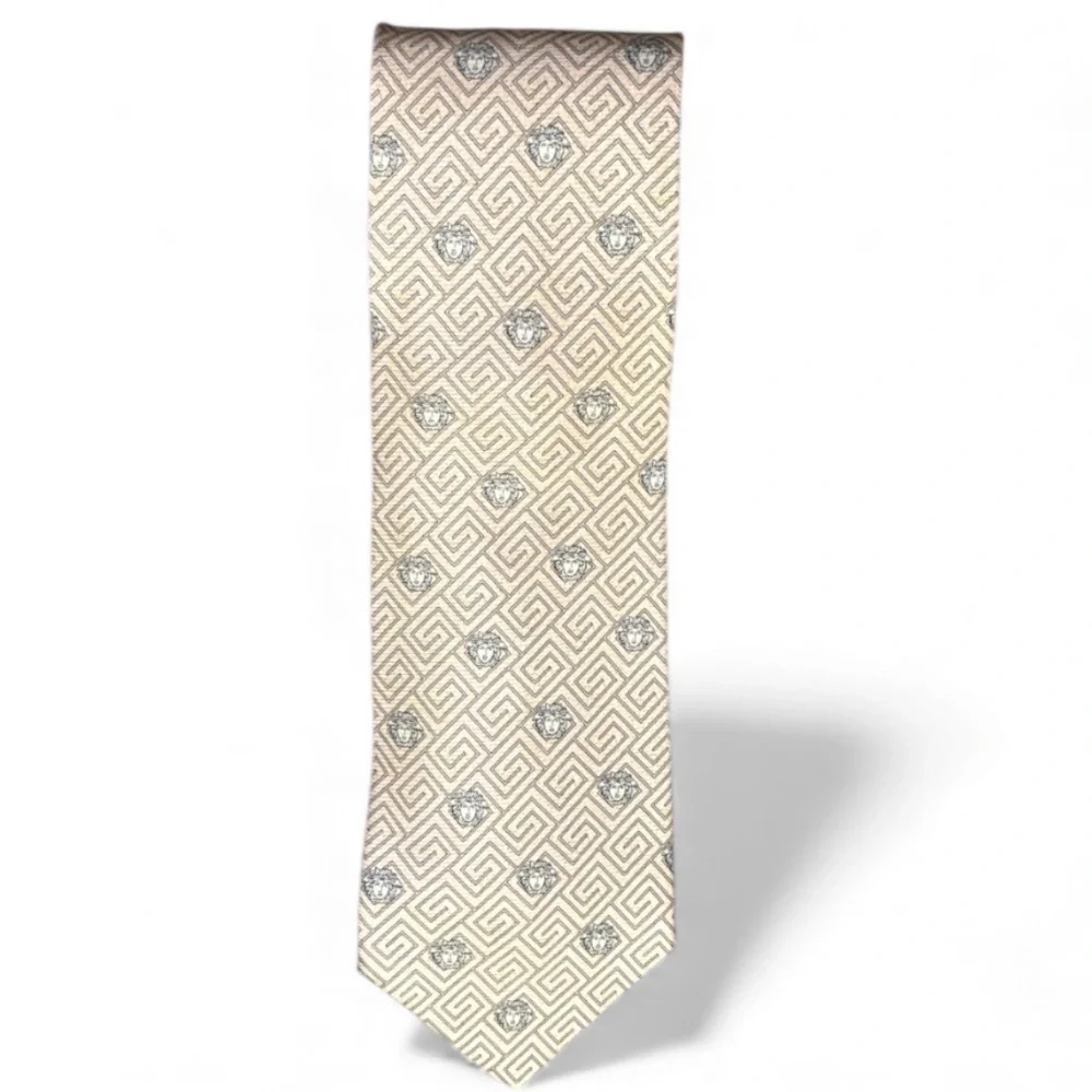 Vintage Versace Logo Beige and Silver Geometric Men's Tie NWOT